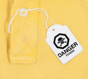Yellow shirt with a danger tag representing synthetic clothing